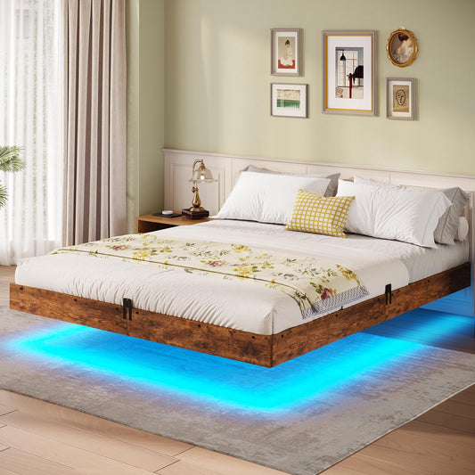 BTHFST Queen Size Floating Bed Frame with LED Lights - Industrial Style Wooden & Metal Platform Bed, Noise-Free & Easy Assembly - WoodArtSupply