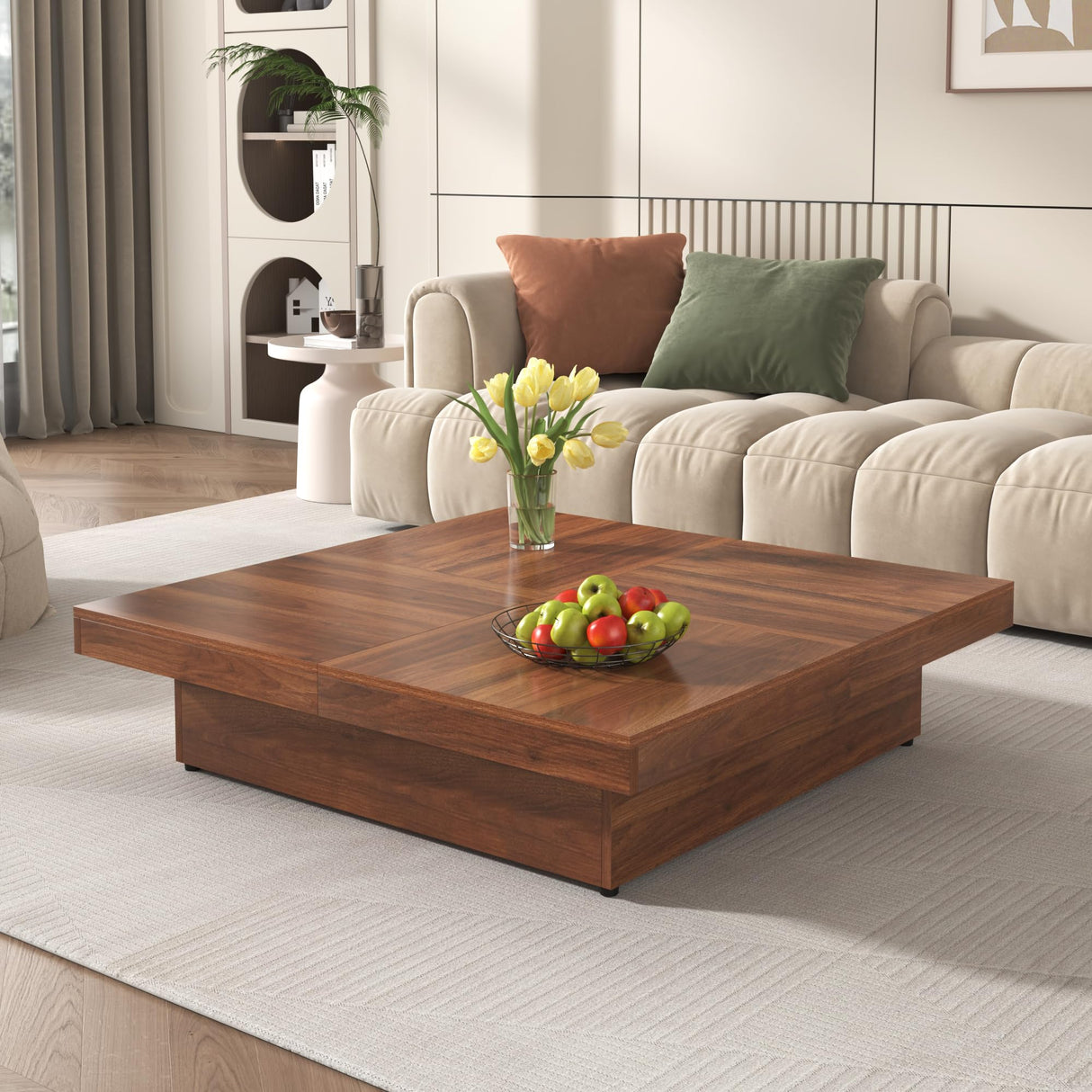 Merax 39.4'' Square Coffee Table, Sliding Top with Ample Storage, Walnut Grain Veneer Finish Modern Center Tables for Living Room Apartment, Walnut Merax