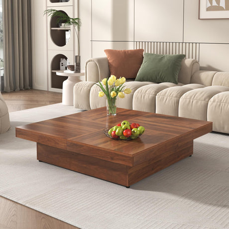Merax 39.4'' Square Coffee Table, Sliding Top with Ample Storage, Walnut Grain Veneer Finish Modern Center Tables for Living Room Apartment, Walnut Merax