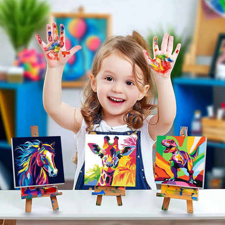 4 Pack Paint by Numbers Kit for Kids, Horse Color By Number Painting Kits for Kids Ages 8-12 Dinosaur Paint by Numbers with Framed Canvas Children DIY Paints by Number Kits for Beginners 8x8 Inch AILIBUT