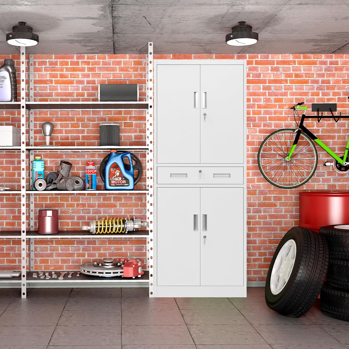 BESFUR Metal Cabinet, Garage Storage Cabinet with Drawer and Adjustable Shelves for Garage, Office, School - White BESFUR