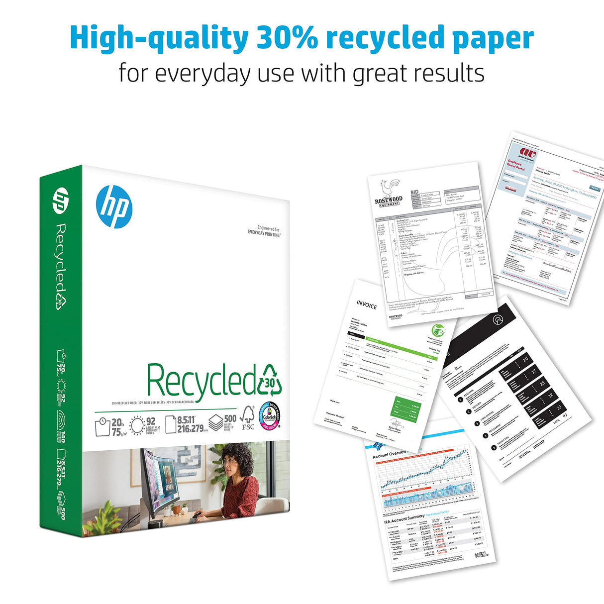 HP Printer Paper| 8.5 x 11 Paper | 30% Recycled Paper | 1 Ream - 500 Sheets | 92 Bright | Made in USA - FSC Certified |112100R HP Papers