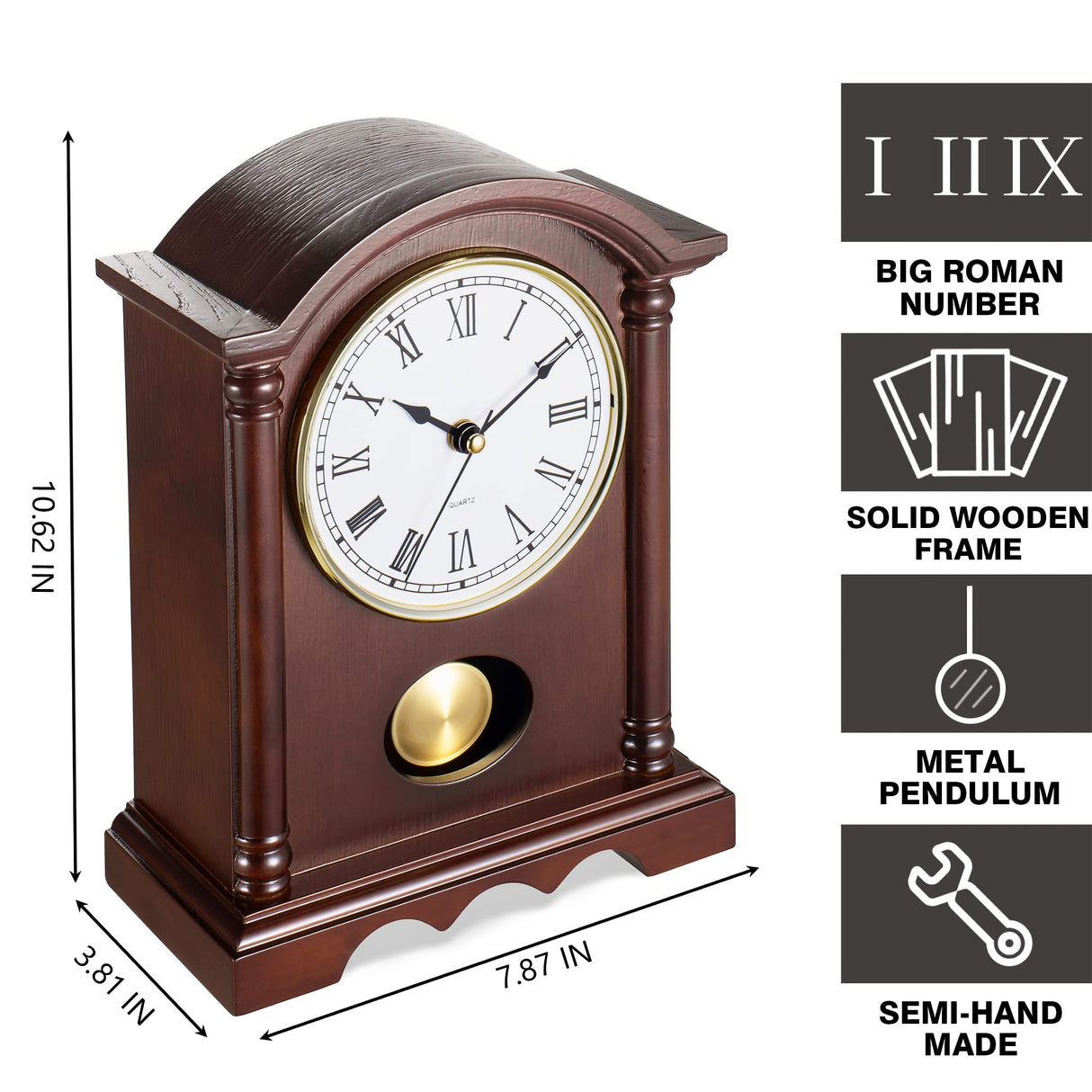 AYRELY® Classic Grandfather Mantel Clock for Living Room Déco, Elegant Wooden Finish, Gold-Tone Pendulum, Desk Clock for Living Room, Bedroom, Farmhouse Décor AYRELY