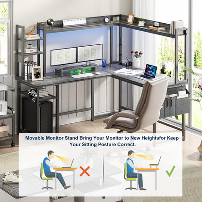 Aheaplus L Shaped Desk with Power Outlet, L Shaped Gaming Desk with Led Light & Hutch, Reversible Home Office Desk, Corner Computer Desk Writing Desk with Monitor Stand & Storage Shelves, Gre - WoodArtSupply