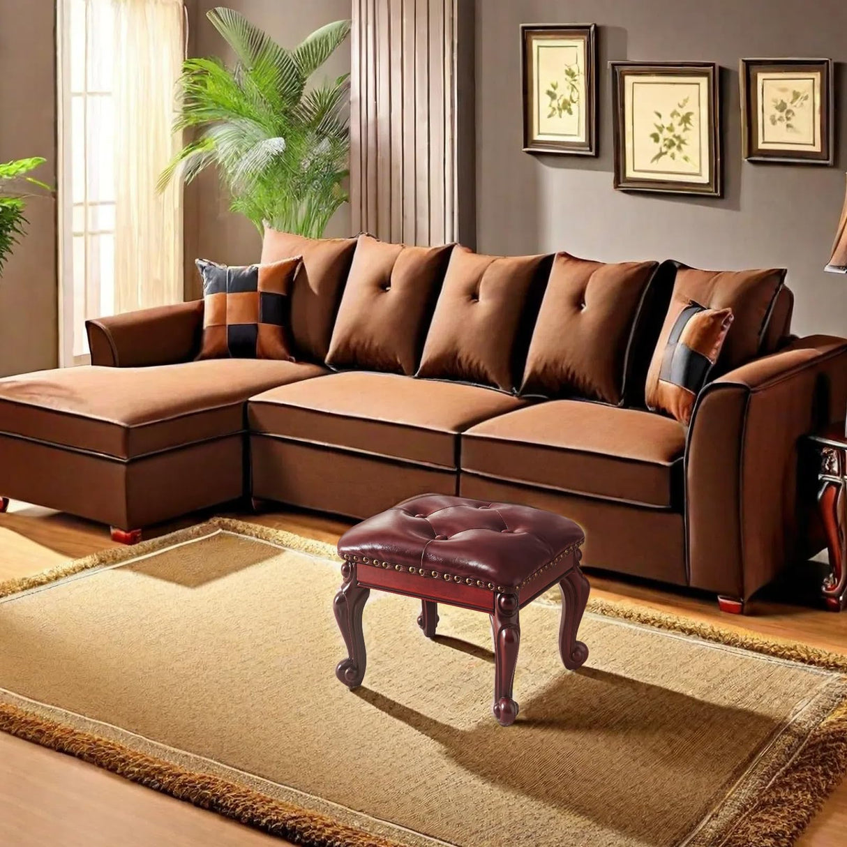 KUKEJCM Ottoman Foot Rest, Small Leather Footstool, Vintage Living Room Ottoman, Solid Wooden Shoe Stool, Dark Brown KUKEJCM