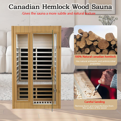 LTCCDSS Sauna, Far Infrared Saunas for Home, Wood Sauna 2 Person 1500W/120V Low Emf Indoor Sauna Room with Tempered Glass Door/Bluetooth Speakers/2 LED Lights - 43.2 * 38.3 * 73 inch LTCCDSS