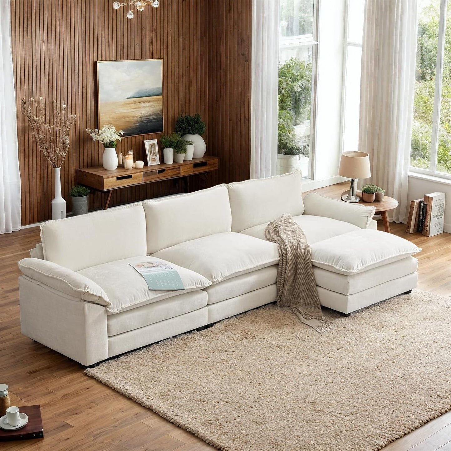 VINGLI 122" Cloud Double-Layer Deep Convertible Sectional Sofa, Comfy L-Shape 3-Seat Couches for Living Room, Modern Couch with Movable Ottoman for Small Space, White/Cream Chenille