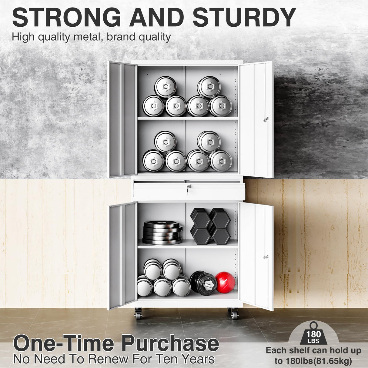 SISESOL White Metal Storage Cabinet with 4 Wheels and 1 Drawer,Rolling Garage Cabinet with Locking Doors and Adjustable Shelves,73" Mobile Tall Large Metal Cabinet for Home,Office,Garage,Shop SISESOL