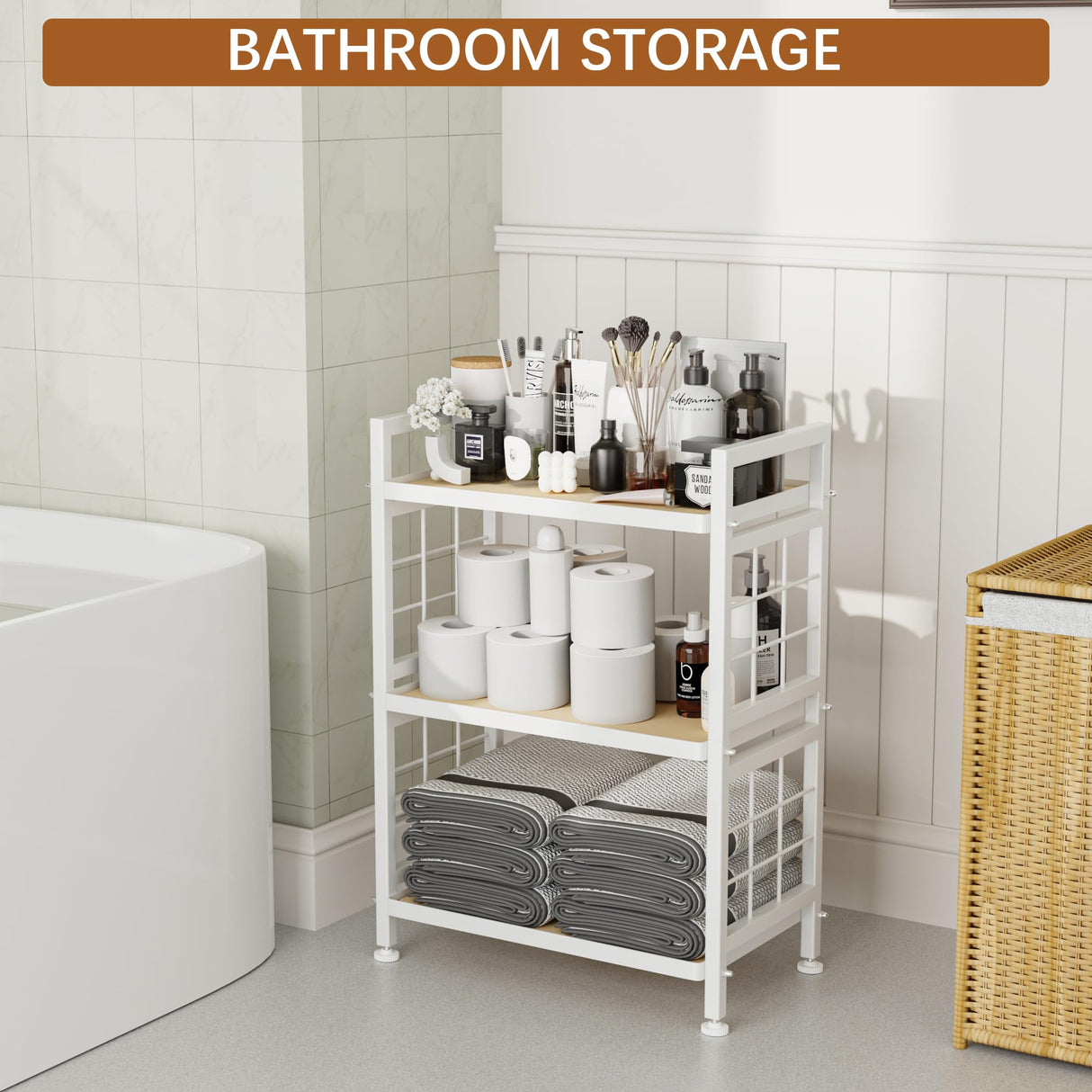 GIOTORENT 3-Tier Pantry Shelves with Wooden Boards, Heavy Duty Storage Shelves & Book Shelf, Adjustable Metal Shelving Unit for Kitchen Bathroom Laundry Organizer, Sturdy Rust-Resistant, White GIOTORENT