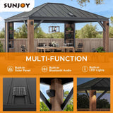 Sunjoy 12 x 14 ft. Hardtop Gazebo with Solar Powered, Cedar Wood Framed Steel Hardtop Gazebo with LED Lighting, Bluetooth Sound and Storage Racks by SummerCove SummerCove