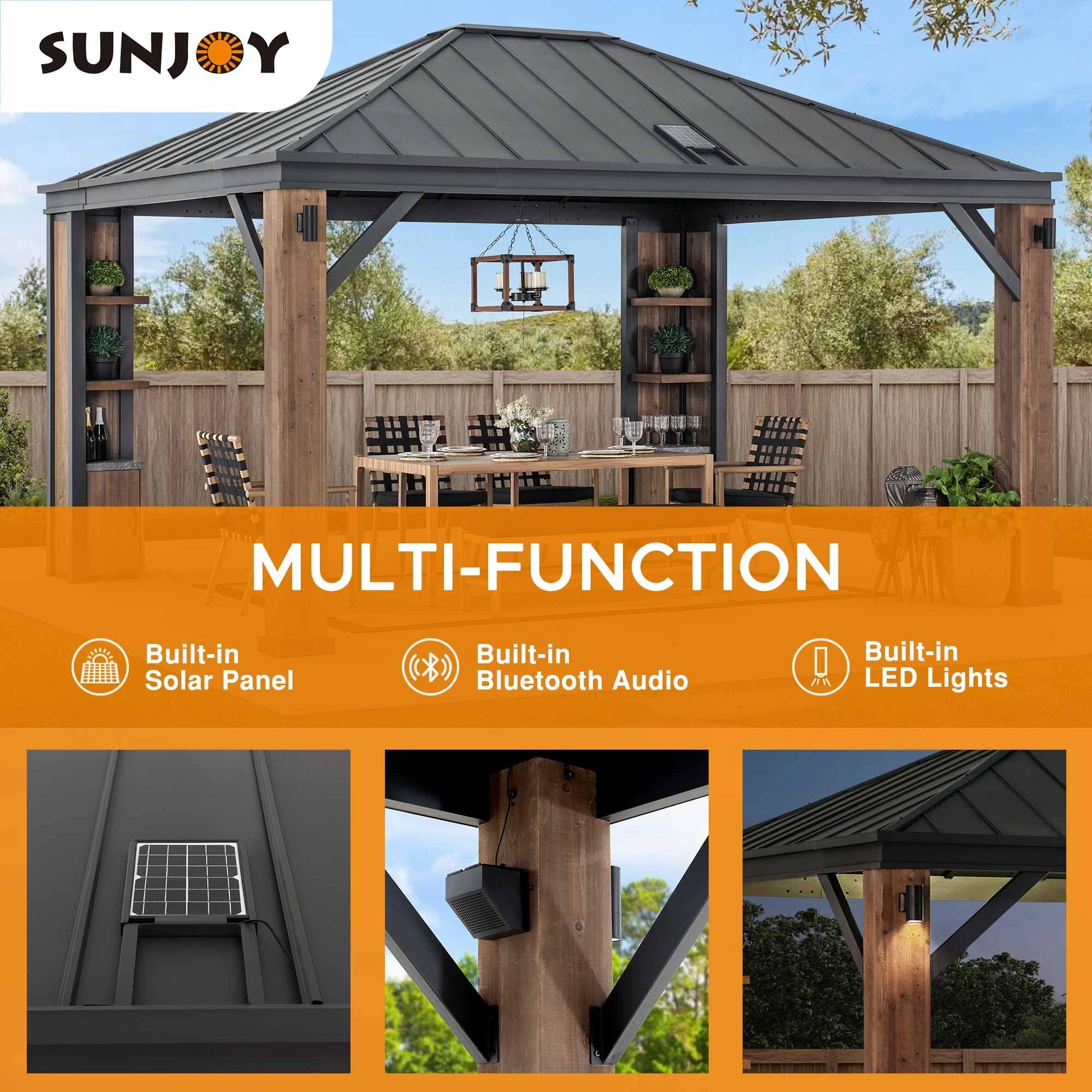 Sunjoy 12 x 14 ft. Hardtop Gazebo with Solar Powered, Cedar Wood Framed Steel Hardtop Gazebo with LED Lighting, Bluetooth Sound and Storage Racks by SummerCove - WoodArtSupply