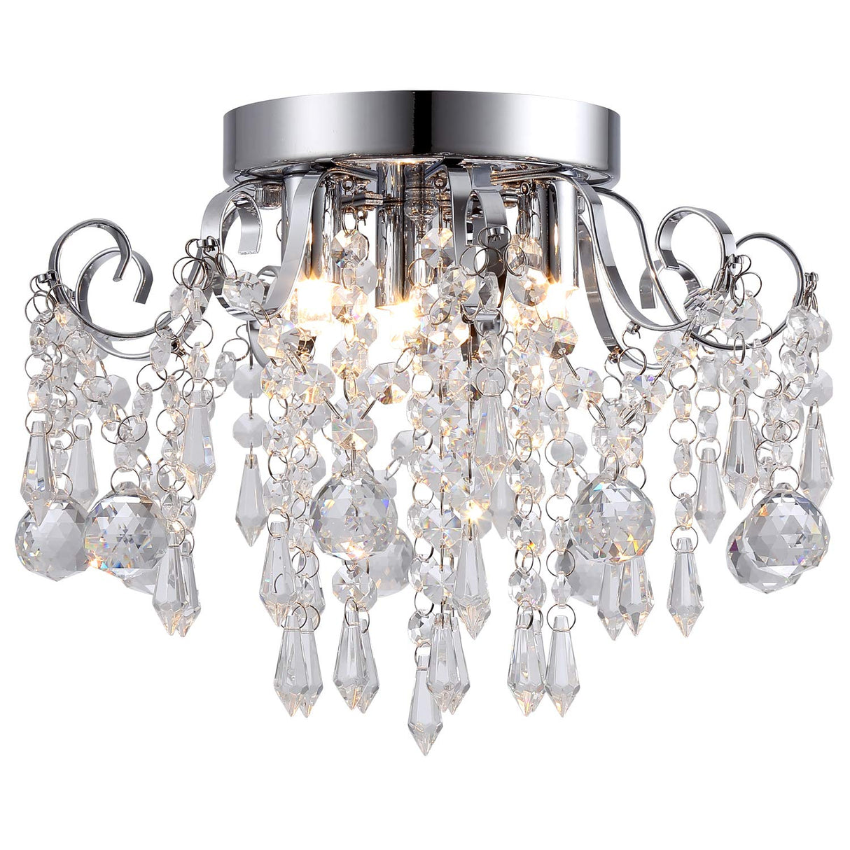 Q&S Small Crystal Chandelier Flush Mount Ceiling Light 3 Lights Modern Chrome Iron Raindrop Crystal Ceiling Fixture for Bedroom Hallway Closet Entryway Stairs Q&S