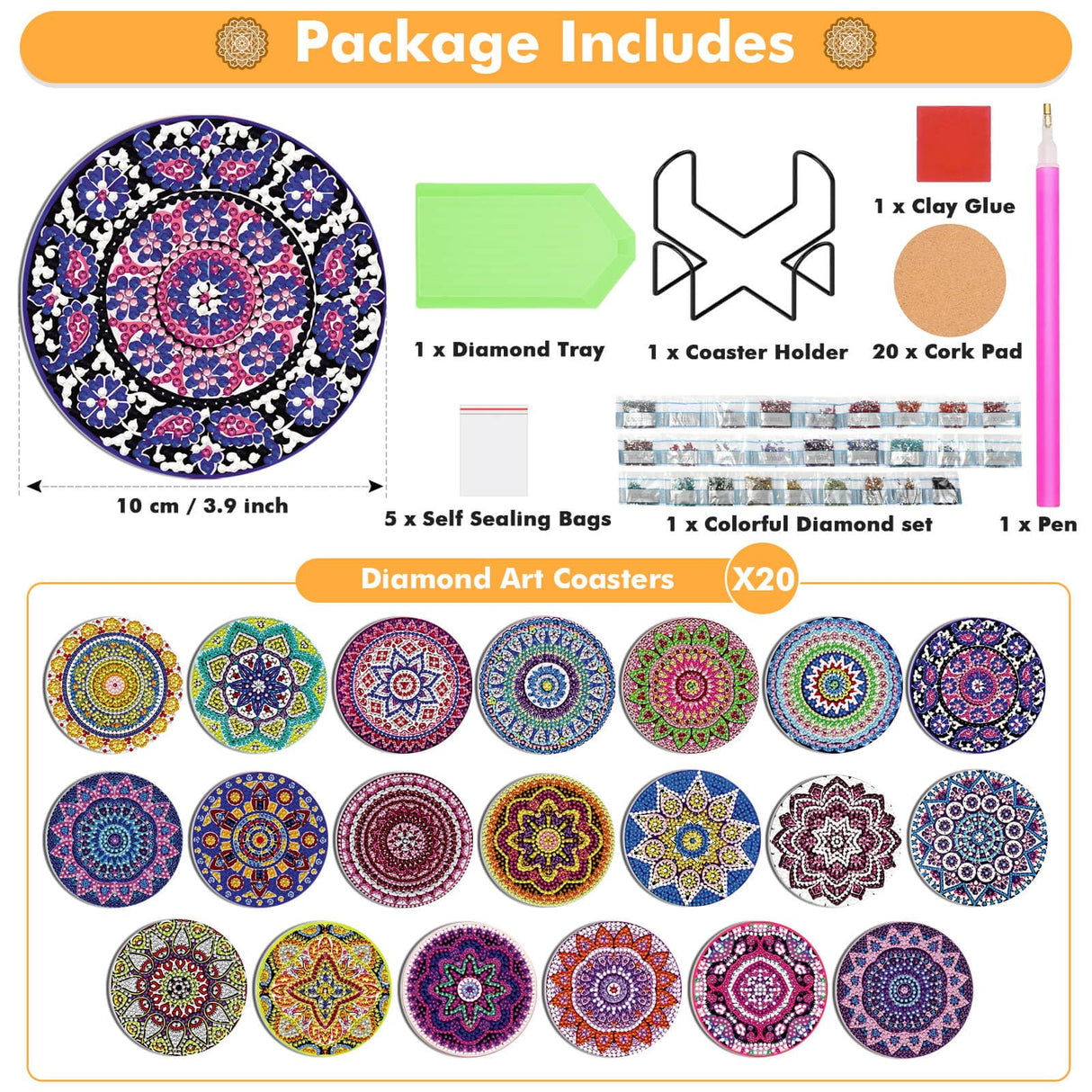 Caffox 20 Pieces Diamond Art Painting Coasters Kit with Holder, Diamond Art Coasters, DIY Diamond Art Crafts Projects, Diamond Art Kits for Adults and Beginners(Mandala Style) Caffox