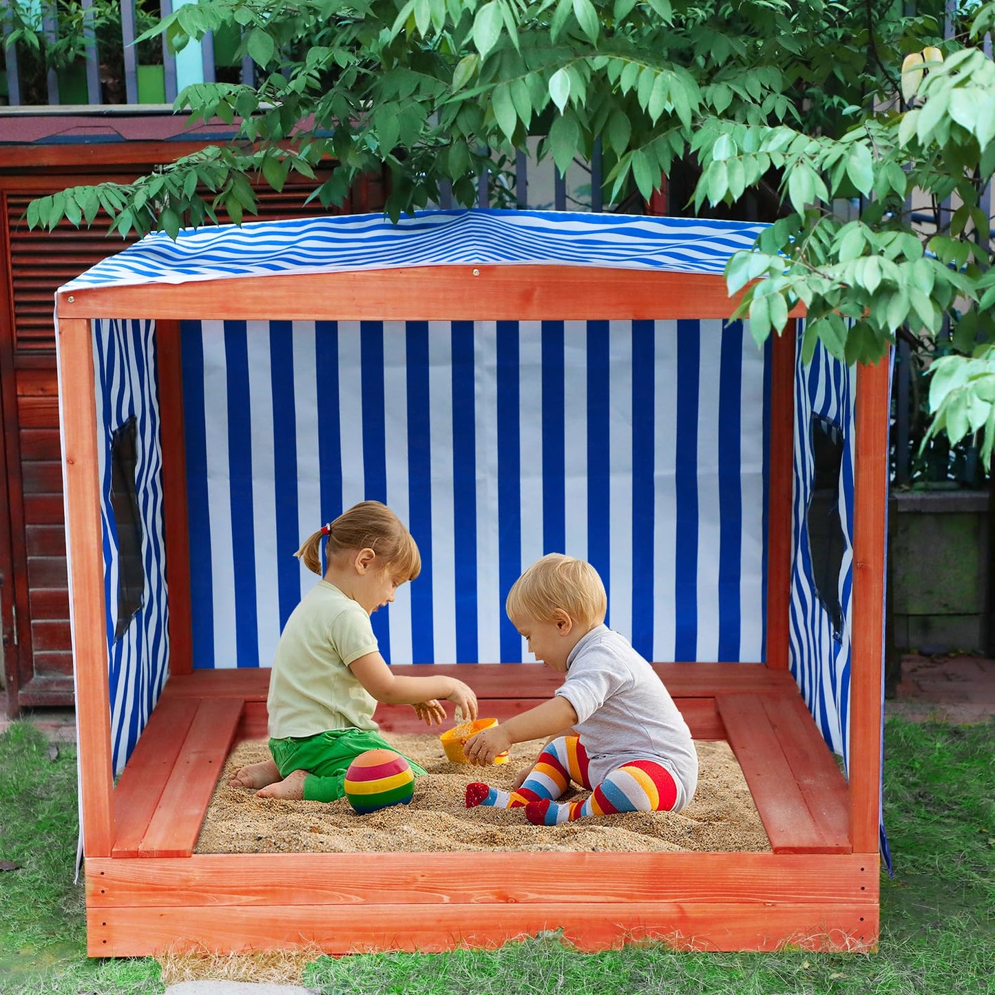 Kids Large Wooden Sandbox with Cover for Backyard,Sand Box with Rainproof and 3 Bench Seats,Outdoor Playhouse Cedar Wood,Sand Protection,Bottom Liner(58 Inch)