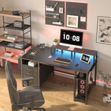 Lufeiya Gaming Desks with Led Lights and Power Outlets, 55 Inch Computer Desk with File Drawers Cabinet, Home Office Desk with Shelves Monitor Stand, Black Lufeiya