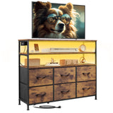 WLIVE Led Dresser for Bedroom, Dresser TV Stand for Bedroom with LED Lights and Power Outlet, Wide Chest of Drawers with Open Shelves for Entryway, 6 Fabric Drawers for Living Room, Rustic Brown WLIVE