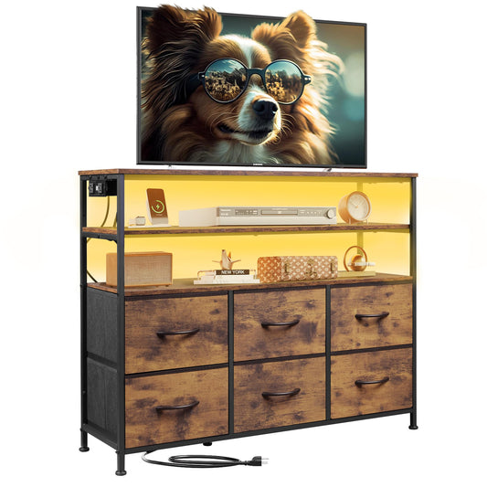 WLIVE Led Dresser for Bedroom, Dresser TV Stand for Bedroom with LED Lights and Power Outlet, Wide Chest of Drawers with Open Shelves for Entryway, 6 Fabric Drawers for Living Room, Rustic Brown