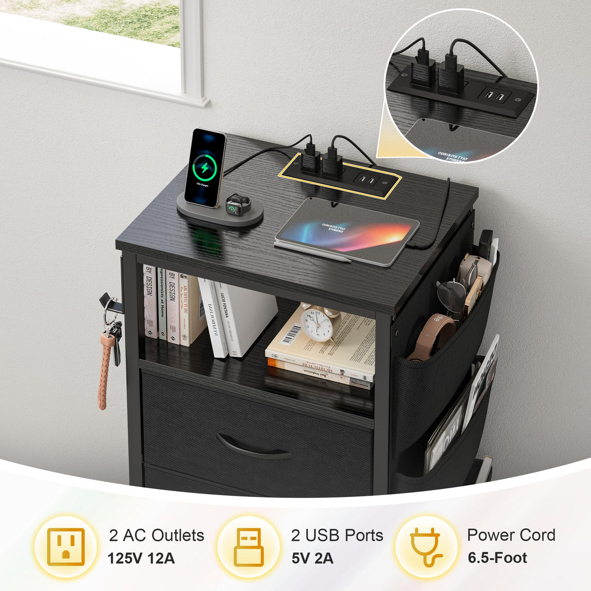 EnHomee Black Nightstand Set of 2,Night Stand with Charging Station & LED, Bedside Table with Fabric Drawers and Storage Shelf, Sturdy Steel Frame, Wood Top,Cloth Bags,Hooks EnHomee