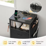 EnHomee Black Nightstand Set of 2,Night Stand with Charging Station & LED, Bedside Table with Fabric Drawers and Storage Shelf, Sturdy Steel Frame, Wood Top,Cloth Bags,Hooks EnHomee