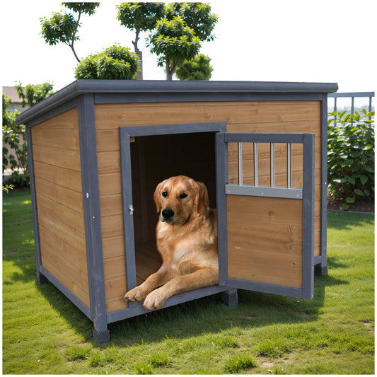 45'' Large Wood Dog House Outdoor Indoor Doghouse Puppy Shelter with Waterproof PVC Plastic Roof, Easy Assembly Sturdy Dog Kennel with Lockable Door, Air Vents and Elevated Floor, Gray Yellow