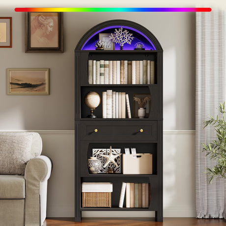 STHYTON 70.3" Tall Arched Bookshelf, 6-Tier Book Shelf with LED Lights, Farmhouse Arched Bookcase with Open Shelves and Drawer, Freestanding Display Rack, for Living Room, Study, Home Office, Black STHYTON