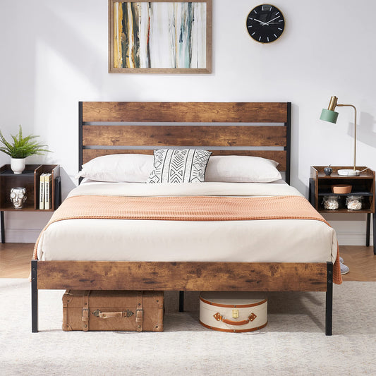 VECELO Rustic Vintage Full Bed Frame with Wood Headboard and Strong Metal Support - WoodArtSupply