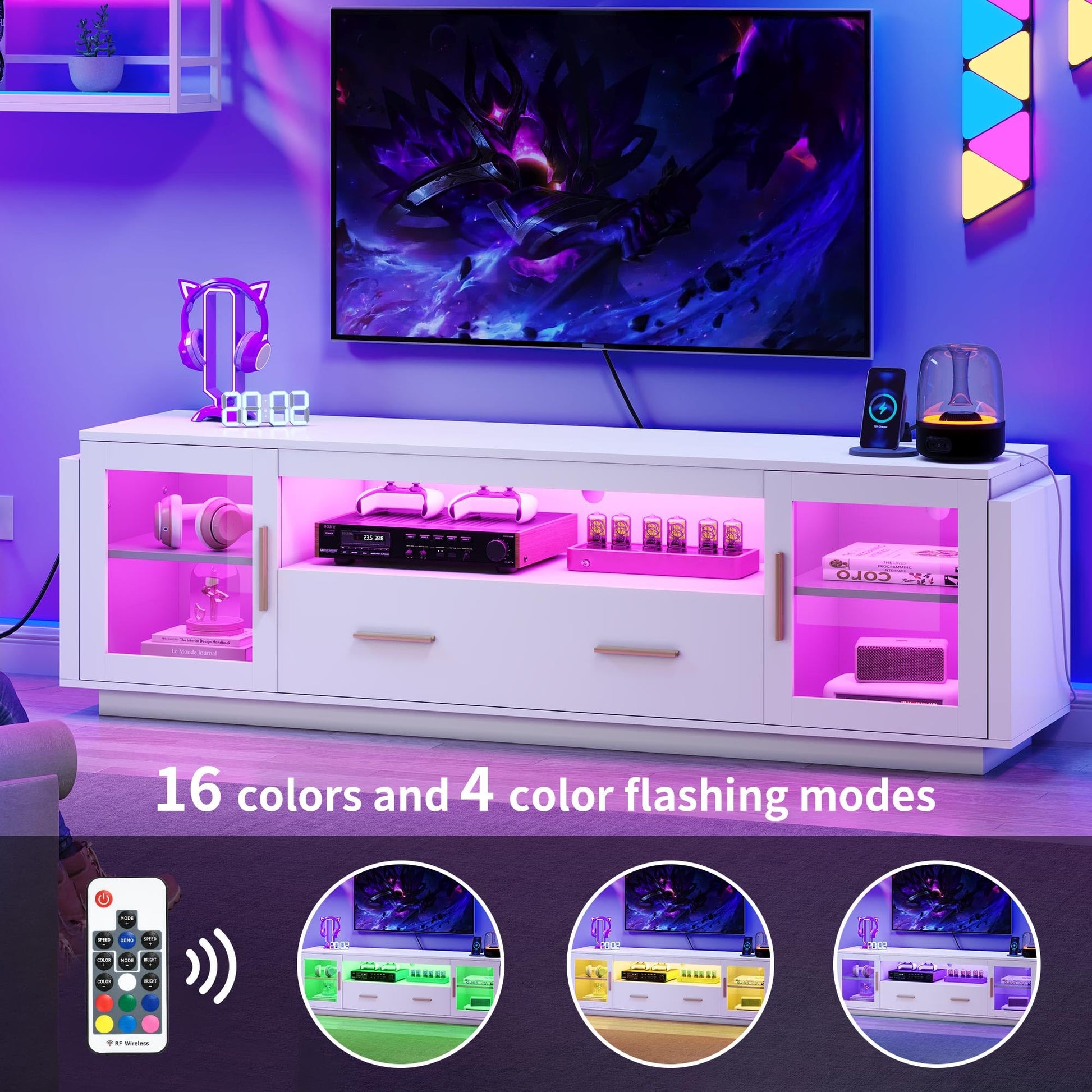 YITAHOME Modern TV Stand with Led Lights & Power Outlets, Stylish Entertainment Center Console with Storage Drawers & Glass Display, Supports Up to 75" TVs, Ideal for Living Rooms and Media S - WoodArtSupply