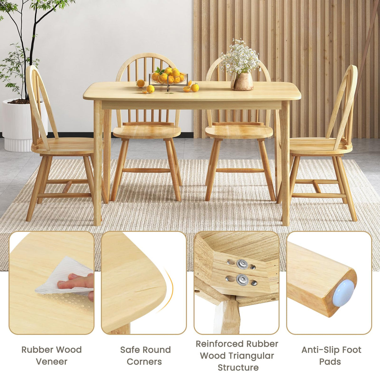 Giantex 48" L Wooden Dining Table Set for 4, 5PCS Rectangular Kitchen Table Set w/Rubber Wood Supporting Legs, Farmhouse Dinner Table & 4 Windsor Giantex