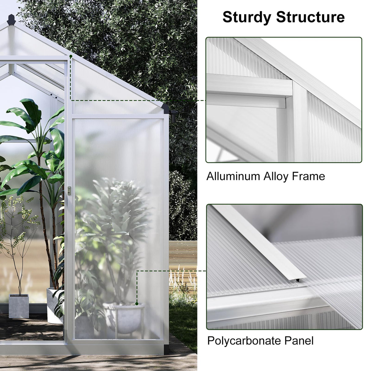TROPOW 6.25 x 6 Ft Greenhouse for Outdoors with Quick Structure, Aluminum Alloy & Polycarbonate Green House with 24" x 23" Roof Windows Vent, Walk in Sunroom for Patio, Backyard, Garden,Silver TROPOW