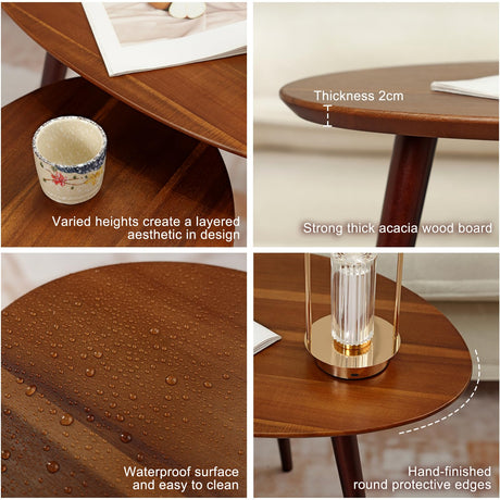 Semjar Small Oval Coffee Tables Set,Acacia Wood Tabletop Nesting Tables（25.6"x17.7"+17.7"x13.4" for Living Room Small Spaces Office,Easy Assembly Minimalist Walnut Mid Century Modern Coffee Table Semjar