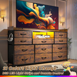 EnHomee Dresser TV Stand with 11 Drawers for 60" TV Stand for Bedroom with LED Lights & Power Outlets Long Dresser for Bedroom with Shelves & 4 Hooks, Sturdy Metal Frame & Thick Wood Top, Rustic Brown EnHomee