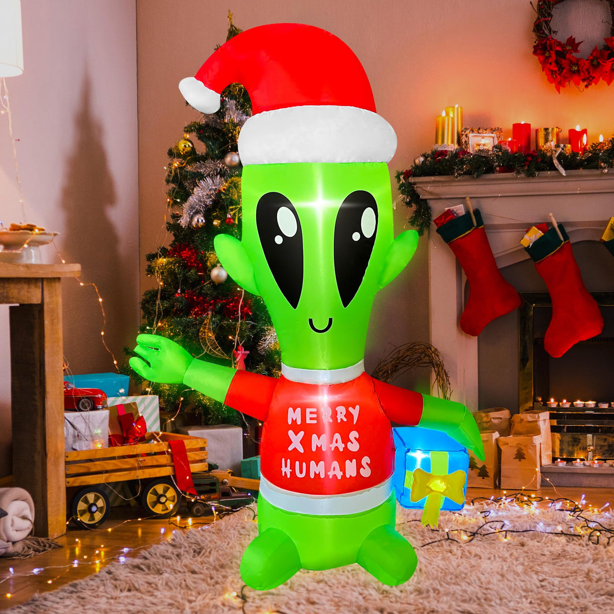 JOYEASE 4 FT Christmas Inflatables Alien with Gift Box Decorations LED Lighted Xmas Christmas Blow up Yard Decorations for Party Indoor Outdoor Garden Decor JOYEASE