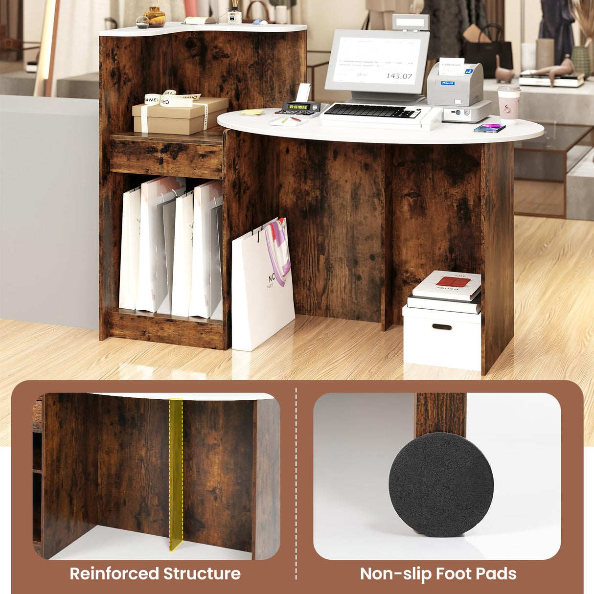 Giantex Reception Desk, Front Counter Desk with Lockable Drawer, Oval Tabletop & Adjustable Shelf, Retail Register Stand, Checkout Table for Office Beauty Salon Reception Room (White & Rustic Brown) Giantex