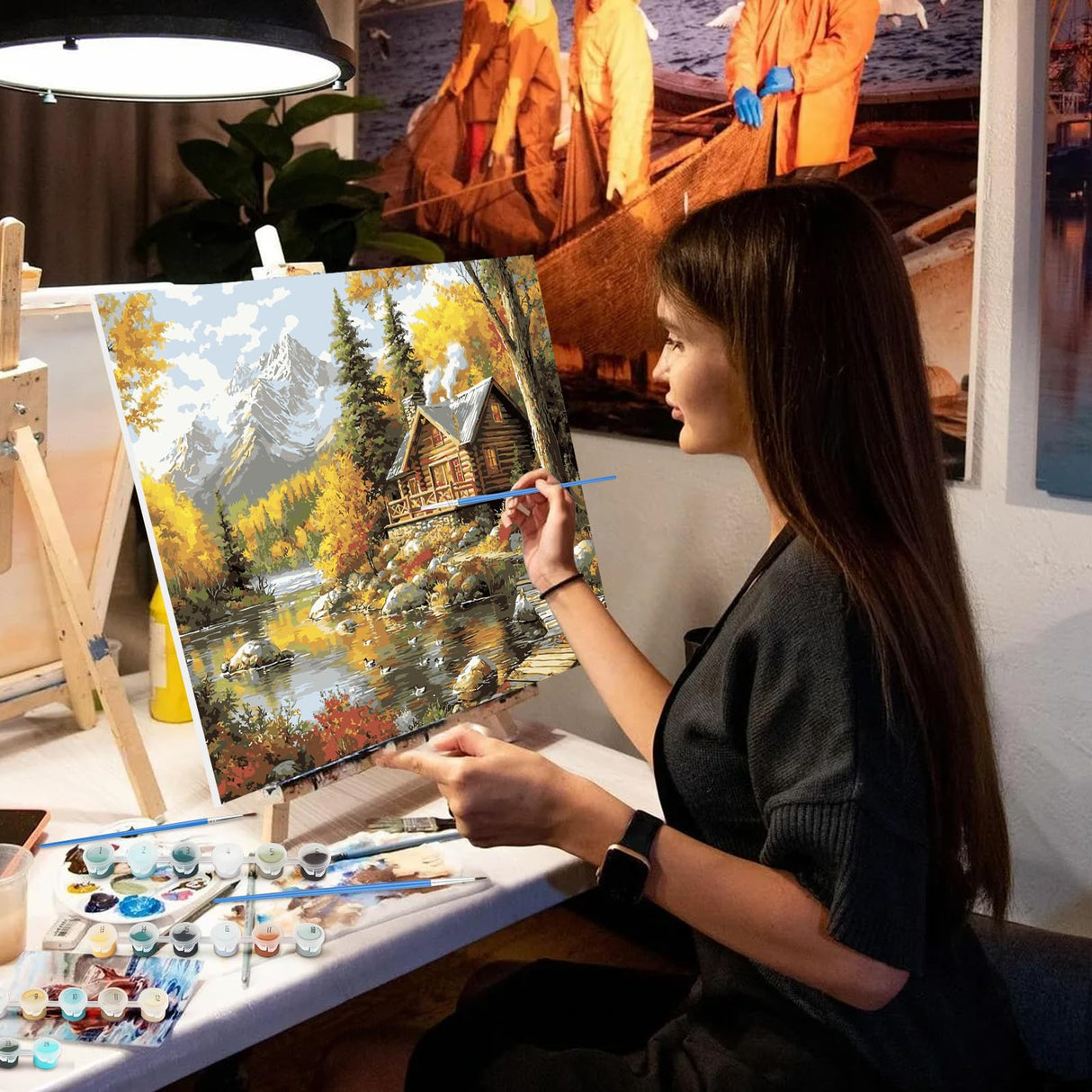 NEWENMO Mountains Paint by Numbers Kit for Adults, Lakes and House Paint by Numbers on Canvas Unframed, DIY Oil Painting Perfect for Beginner, Craft, Hobbies and Home Wall Decor 20x16 in NEWENMO