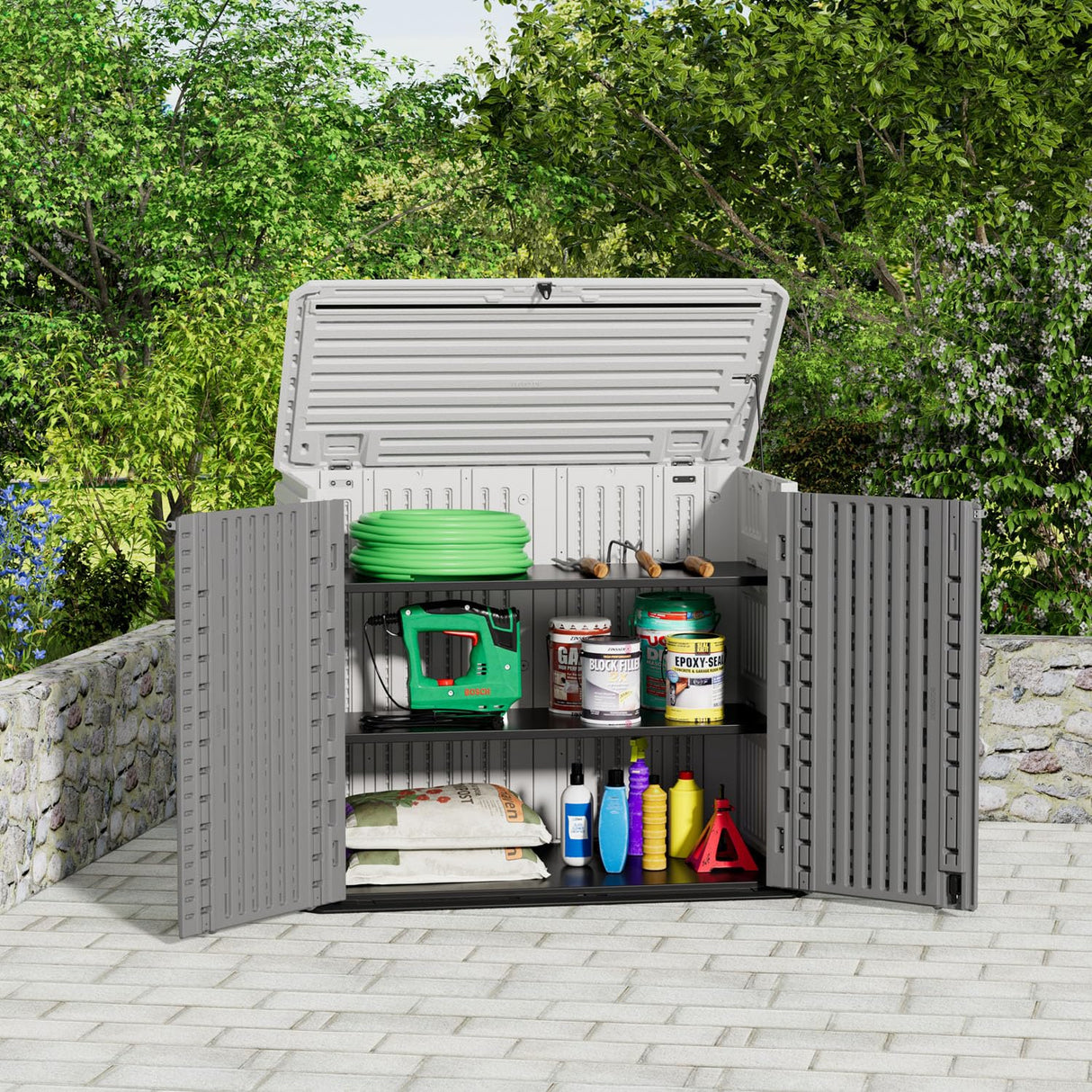 ZZM Outdoor Storage Shed Diamond Texture 4x3FT Horizontal Shed | 34 Cu.Ft Waterproof Resin Cabinet with Double-Wall | UV-Resistant & Lockable for Garden Tools, Bikes, Patio Furniture (Grey-White) ZZM