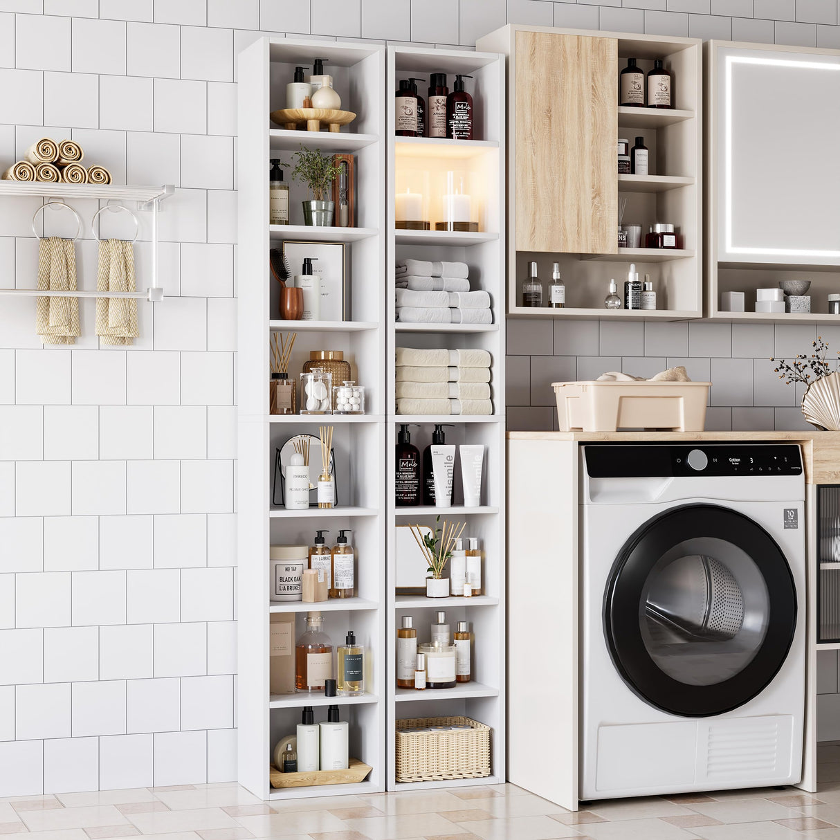 Bamjoy 71 Inches Tall Narrow Bookshelf, 8-Tier CD DVD Slim Media Tower Rack, Corner Bookcase with Adjustable Shelves, Skinny Cubes Bookshelves for Home Office Small Space, White Bamjoy