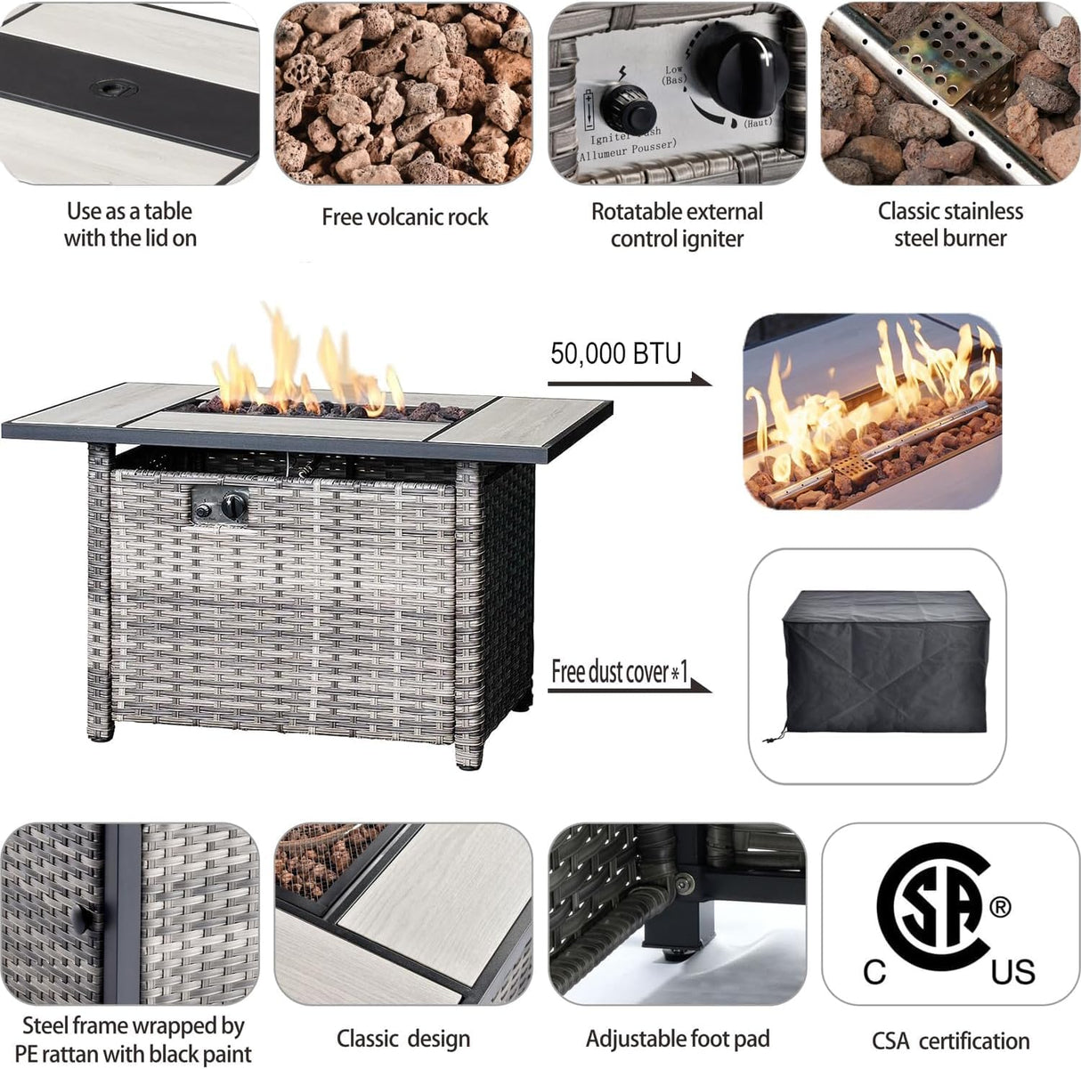 HOOOWOOO 13 Piece Patio Sectional Furniture Set with Fire Pit Table,Modern Wicker Outdoor Conversation Sofa Sets,All Weather Modular L Shaped Outside Couch Swivel Chair Set(Denime Blue) HOOOWOOO