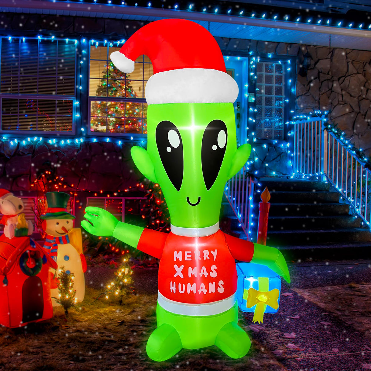 JOYEASE 4 FT Christmas Inflatables Alien with Gift Box Decorations LED Lighted Xmas Christmas Blow up Yard Decorations for Party Indoor Outdoor Garden Decor JOYEASE