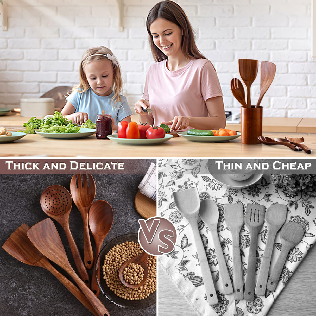 NAYAHOSE Wooden Spoons for Cooking, 6 Pcs Wooden Utensils for Cooking, Natural Teak Wood Non-Stick Cooking Spoons, Wood Utensils Set for Kitchen NAYAHOSE