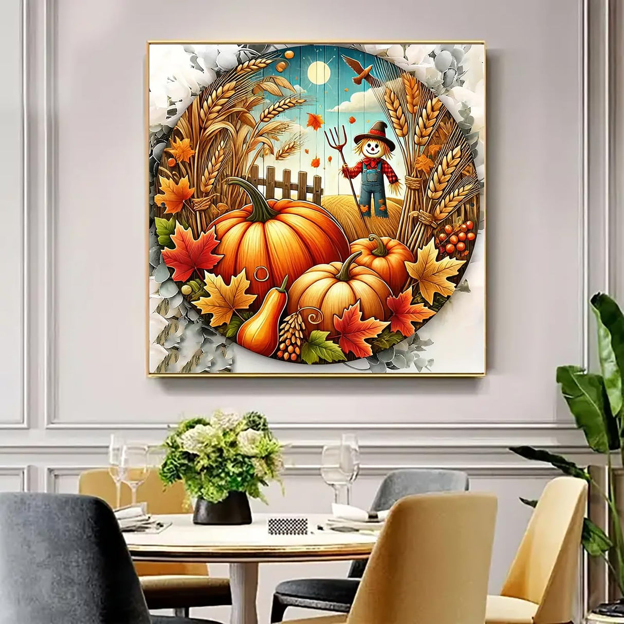 Fall Farm Pumpkin Scarecrow Diamond Art Kits for Adults, 5D Diamond Painting Kits for Adults Beginners, DIY Full Round Drill Diamond Dot Painting Gem Art Kits for Adult, Home Wall Decor 13.8x13.8 Inch VCLKDIY