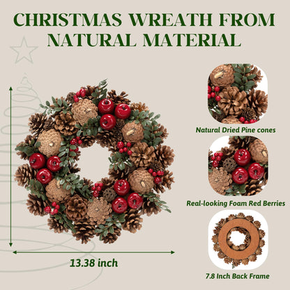 Christmas Wreath, Natural Dry Pine Cone Door Wreath for Home Indoor Front Porch Entrance Decorations (13 Inch)