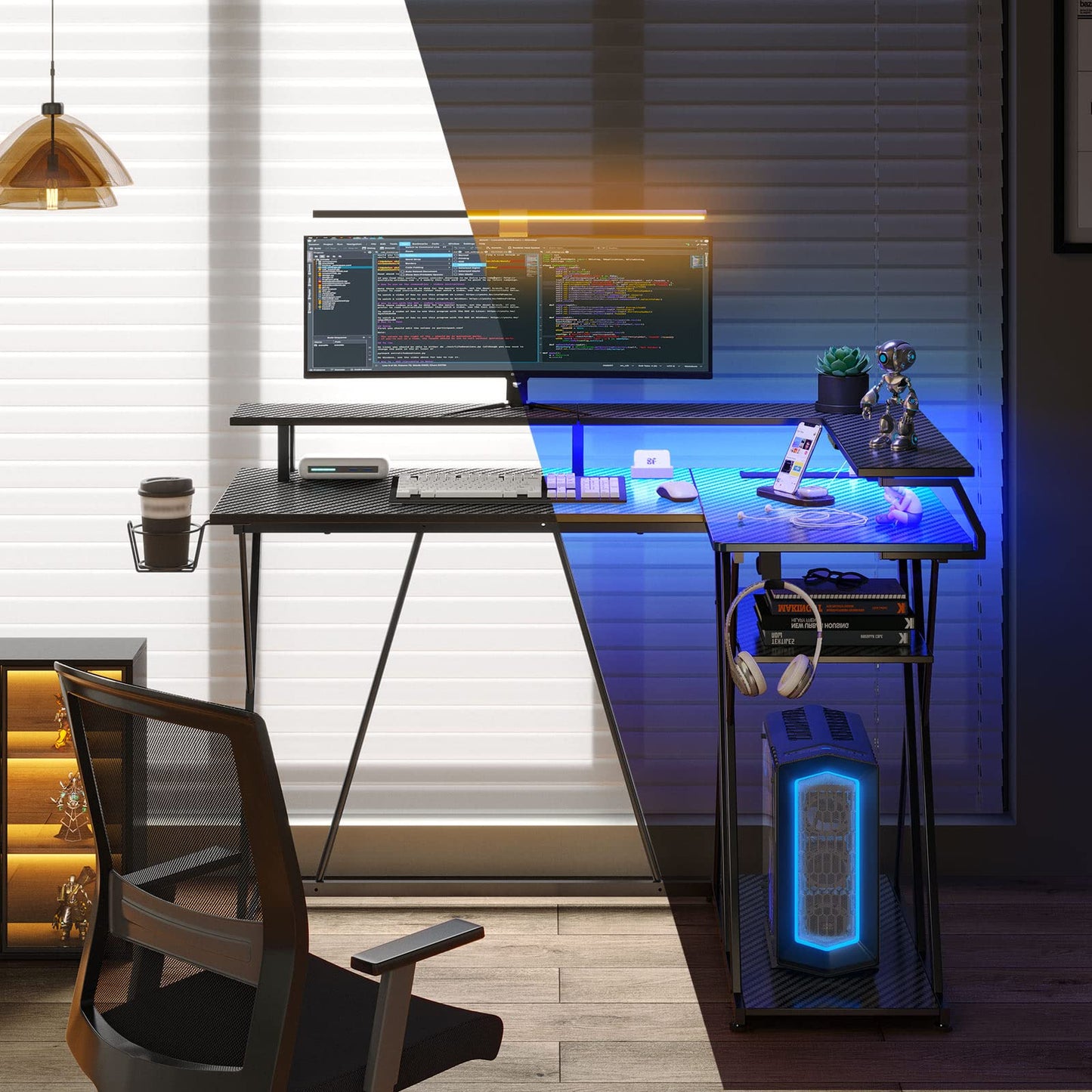 SEVEN WARRIOR L Shaped Gaming Desk with LED Lights & Power Outlets, 43” Reversible Corner Desk with Storage Shelf, Computer Desk with Monitor Stand, Gaming Table with Cup Holder, with Hooks,  - WoodArtSupply