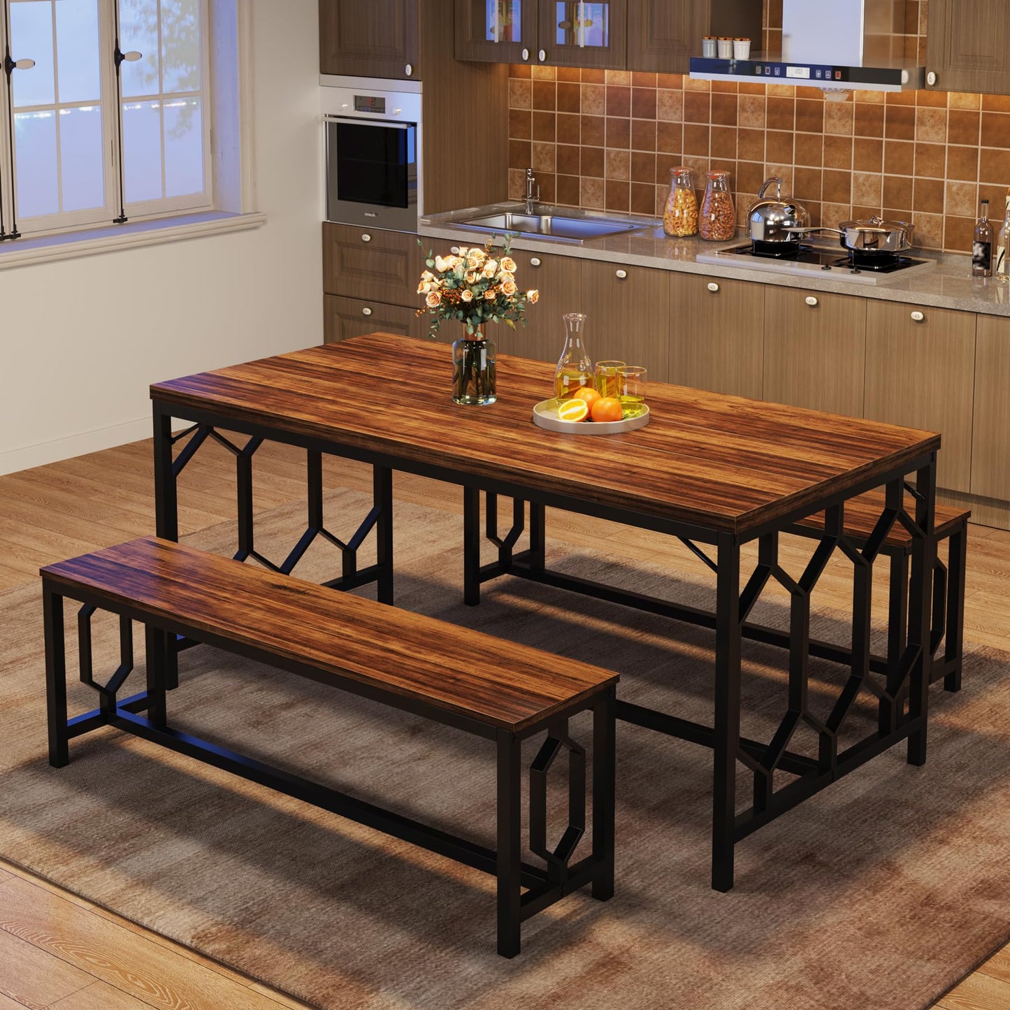 Tribesigns 55-Inch Rustic Brown & Black Dining Table Set with 2 Benches for 4 to 6 People