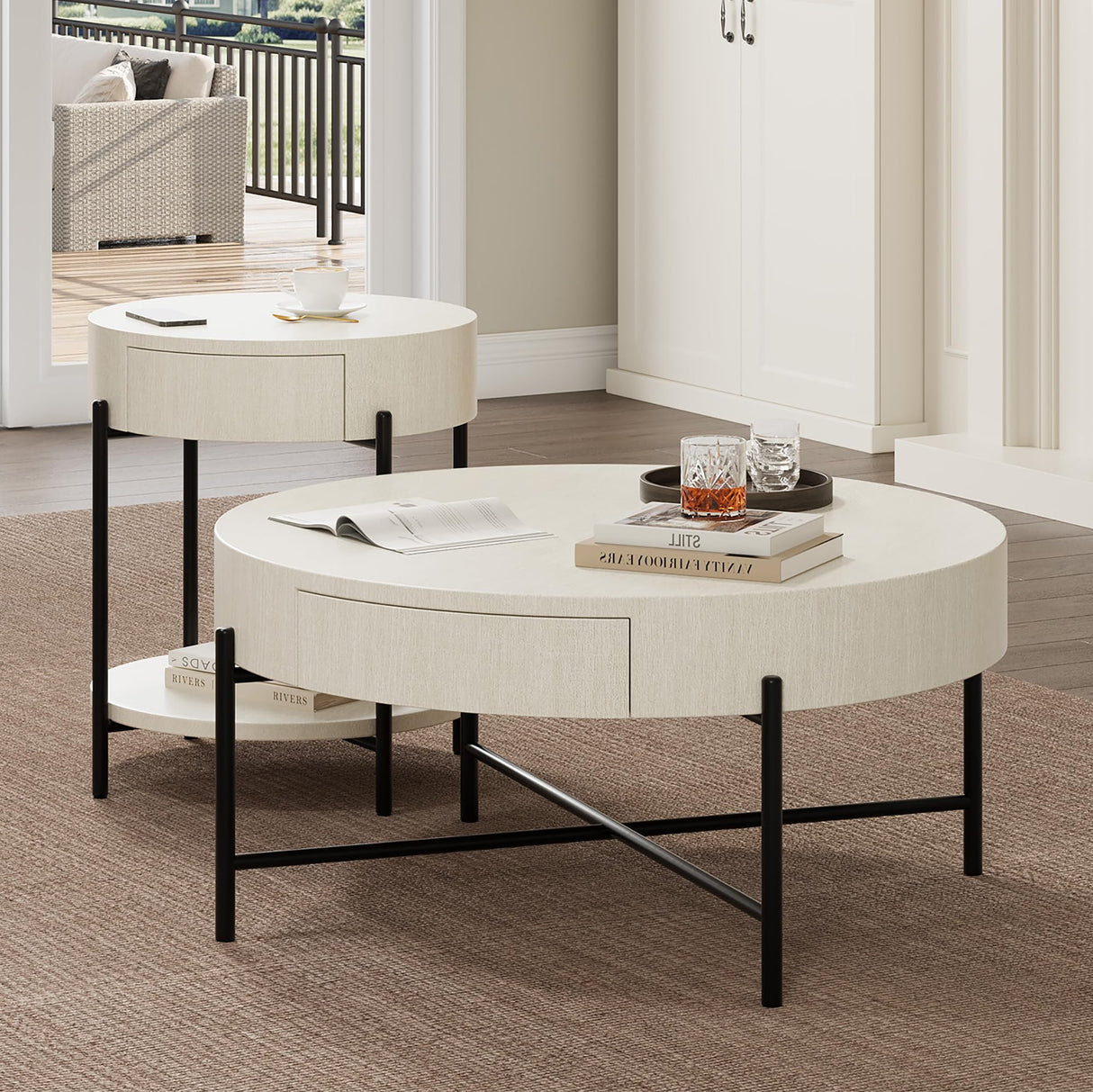 GarveeHome Round Coffee Table with Drawers Farmhouse Coffee Table with Storage Wood Accent Center Table Natural Coffee Table for Living Room GarveeHome