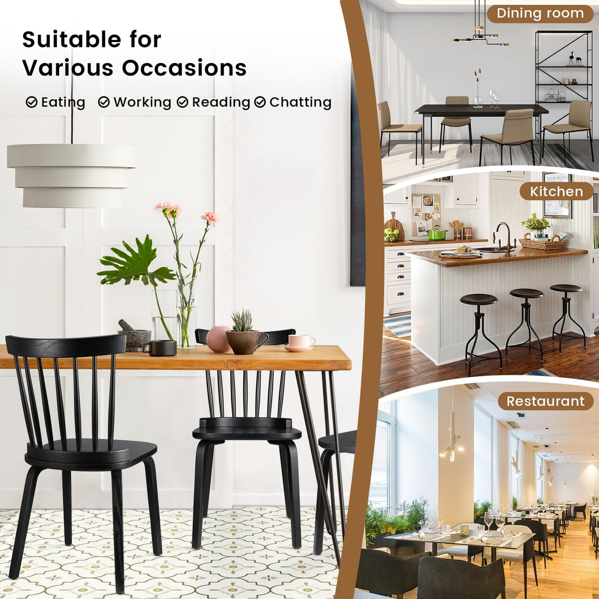 Unovivy Wood Dining Chairs Set of 4, Farmhouse Spindle Back, Widen Seat, Modern Mid-Century Country Style, for Living Room Restaurant, Black Unovivy