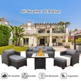Valita 6 PCS Patio Furniture Set Outdoor Sectional Wicker Conversation Couch Brown Rattan Sofa Chairs with Ottoman 50,000BTU Adjustable Fire Pit Table and Grey Anti-Slip Cushions Valita