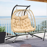 YITAHOME Hanging Egg Chair Swing Chair with Stand Double Egg Chair, 2 Person Wicker Chair Outdoor Indoor Hammock Egg Chair with Cushions 500lbs for Patio, Garden, Bedroom and Balcony, Beige YITAHOME