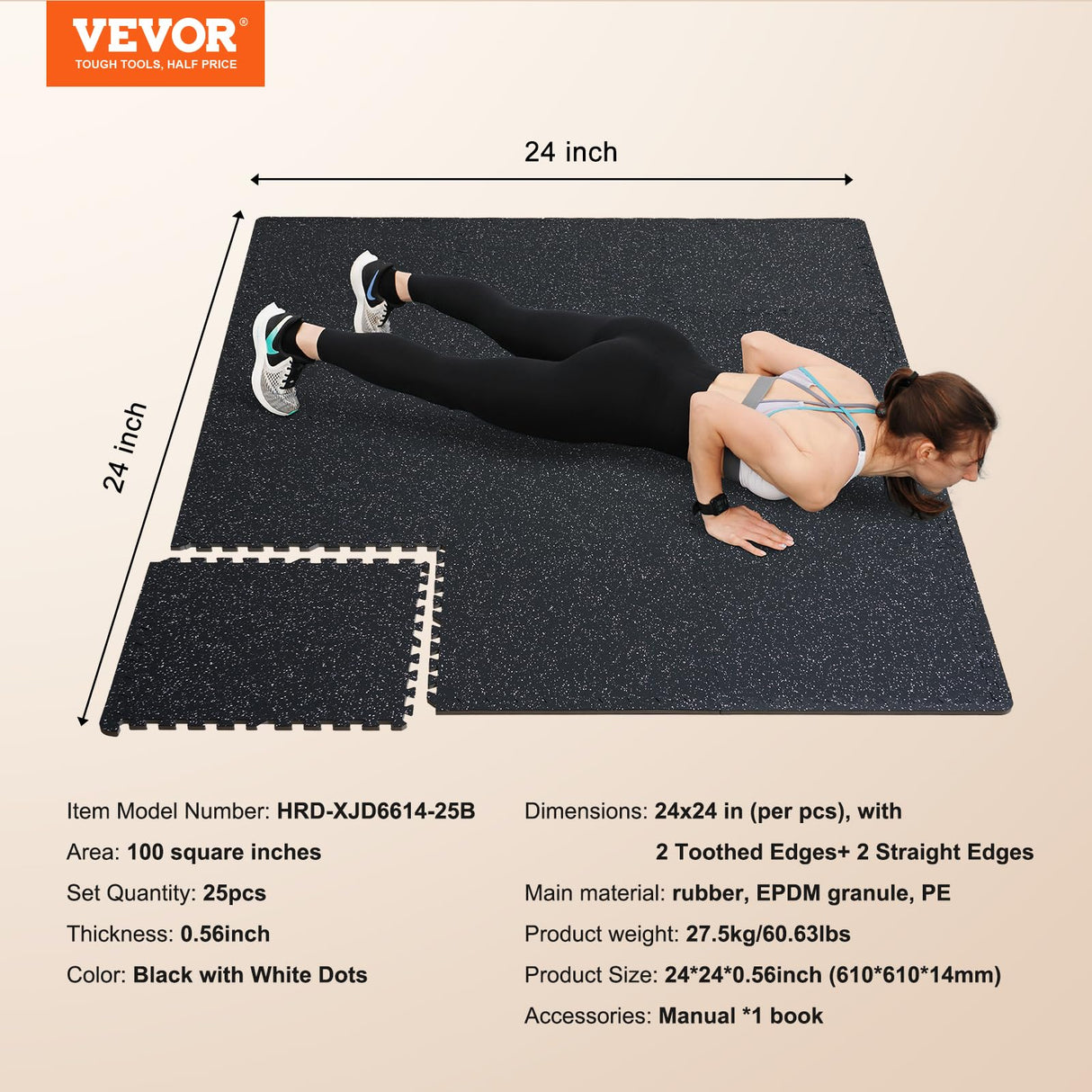 VEVOR 0.56 Inch Thick Gym Floor Mats, 25 Tiles Rubber Top with EVA Foam, 24" x 24" Gym Flooring Workout Mats with 100sq.ft Coverage, Interlocking Puzzle Gym Mats for Gym, Home, Garage, Black & White VEVOR