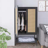 Gyger Wardrobe Closet with 2 Doors，Rattan Bedroom Armoires with Hanging Rod Freestanding Wooden Wardrobe Cabinet with Shelves,Black Gyger