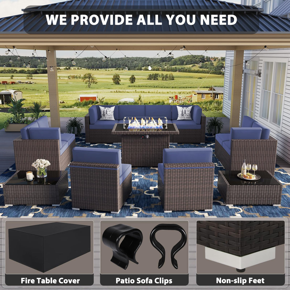 Vakollia 13 Pieces Patio Furniture Set with 44" Propane Gas Fire Pit Table, Outdoor Sectional Wicker Conversation Sofa Sets with Coffee Table Vakollia